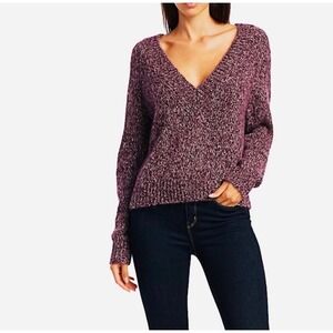 Theory Alpaca Blend Marled V Neck Sweater Mulberry Purple Cropped Petite Small